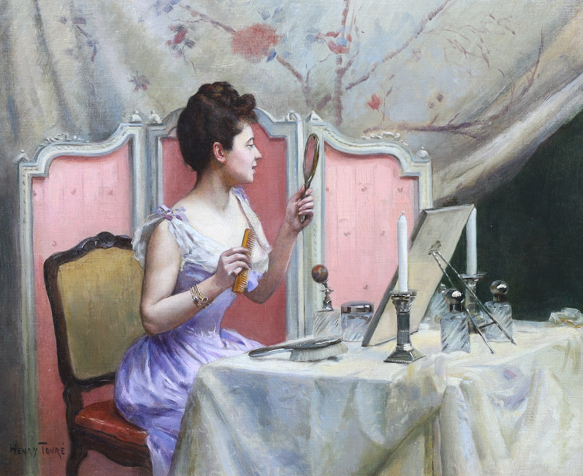 Charles Henry Tenré (French, 1864-1926), Jeune femme à sa toilette, oil on canvas, 40 x 48cm
